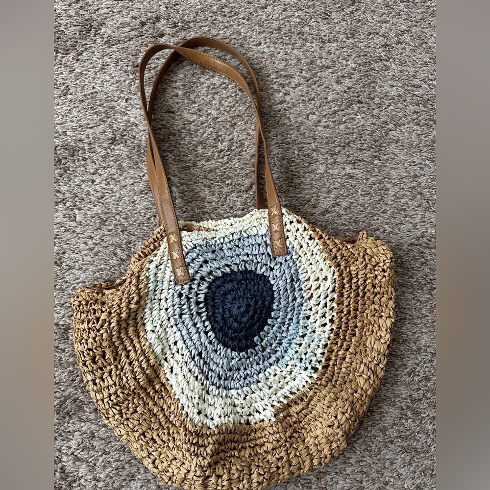 Woven Straw Tote Bag with Blue Accent
